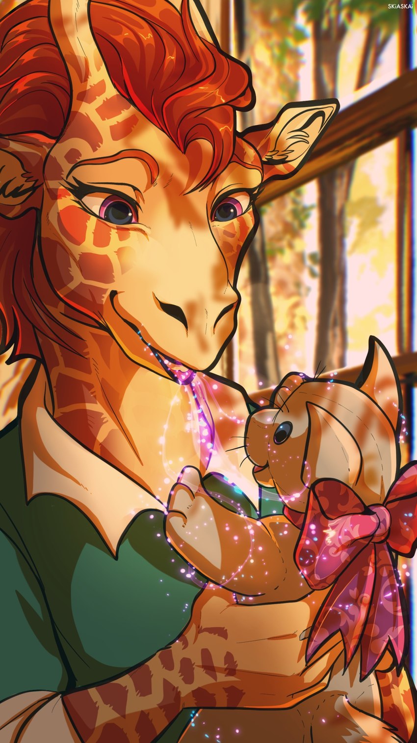 anthro blouse breath clothing female happy magic neck_bow plant plushie ribbons solo topwear toy tree skiaskai legend_of_ahya marle_talbender_(darkflamewolf) giraffe giraffid mammal hi_res