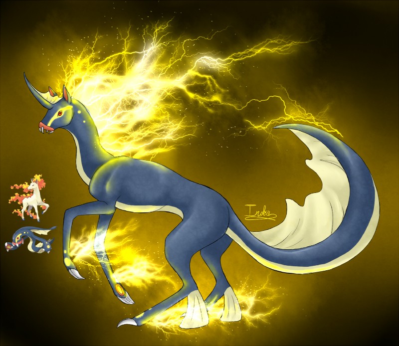 ambiguous_gender electricity feral fusion horn pokemon_fusion solo the13thblackcat fakemon nintendo pokemon eelektross electricity_creature elemental_creature equid fish generation_1_pokemon generation_5_pokemon mammal marine pokemon_(species) rapidash hi_res