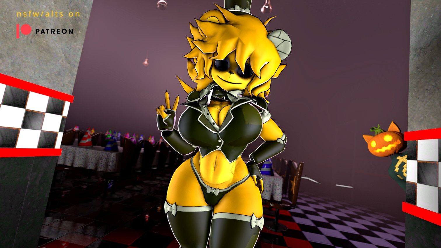 big_breasts black_clothing black_panties black_underwear breasts clothing detailed_background duo eyeless female for_a_head gesture hand_gesture hat headgear headwear legwear machine necktie panties patreon_artist patreon_exclusive patreon_logo pumpkin_head restaurant smile smiling_at_viewer spying stockings text underwear v_sign wide_hips maoarahc cryptiacurves_(modeler) five_nights_at_freddy's five_nights_in_anime patreon scottgames golden_freddy_(fnaf) spice_(fortnite) type_0_(cryptiacurves) bear felid feline mammal object_head robot 16:9 2025 3d_(artwork) alternate_version_at_source digital_media_(artwork) hi_res source_filmmaker_(artwork) url widescreen