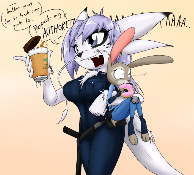 anthro baton belt beverage breasts bulletproof_vest carrying_another clothed clothing coffee container cup cute_fangs dessert dialogue disposable_cup doughnut duo fangs female food fur fur_gauntlets gradient_background hair holding_food holding_object pastry police police_officer_eating_donut police_uniform simple_background tail teeth text uniform utility_belt whiskers sandwich-anomaly disney mythology zootopia judy_hopps nhala_levee dragon furred_dragon furred_scalie lagomorph leporid mammal mythological_creature mythological_scalie rabbit scalie 2016 english_text