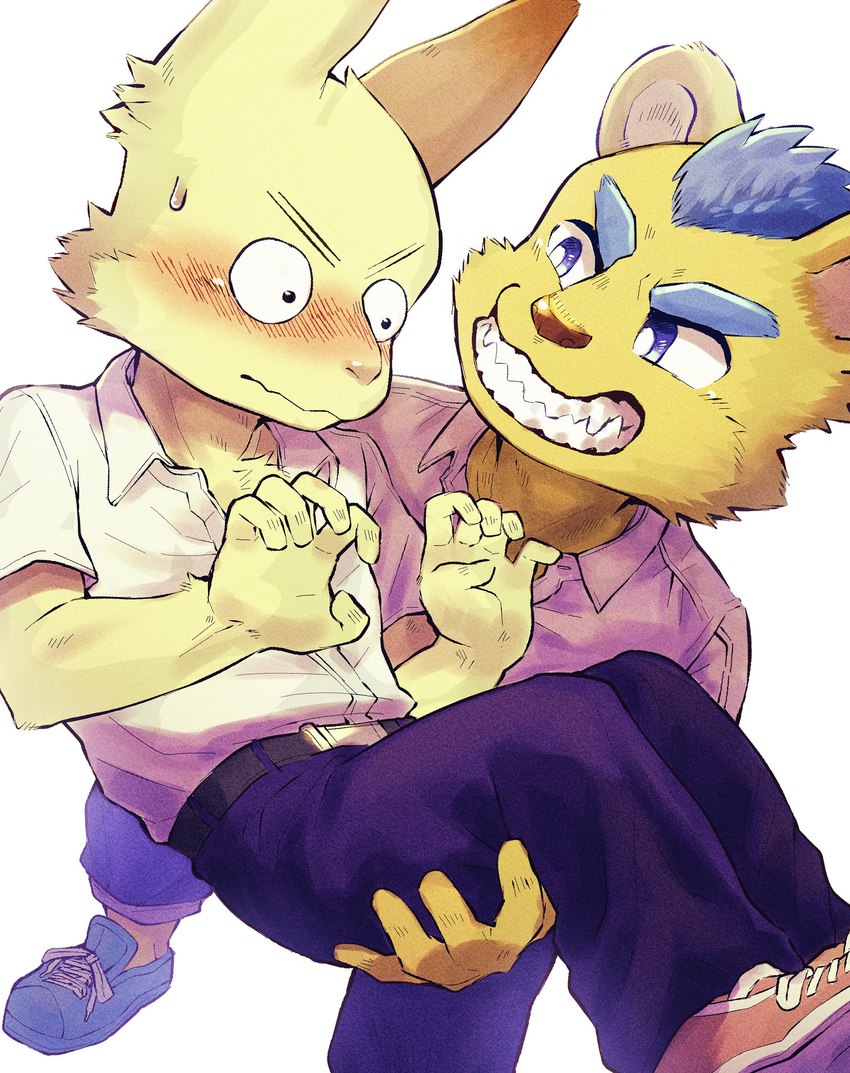 anthro blue_eyes blue_hair blush carrying_another clothing duo embarrassed grin hair male male/male school_uniform smile teeth uniform yellow_body young young_male gabobon05 felid lagomorph leporid lion mammal pantherine rabbit absurd_res hi_res