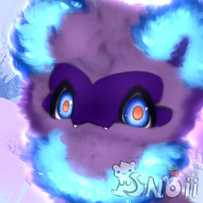 ambiguous_gender black_body black_fur blue_body blue_eyes blue_fur blue_sclera feral fluffy fur fur_markings looking_at_viewer markings multicolored_eyes multicolored_sclera red_eyes simple_background smile solo tuft snoiifoxxo mammal 1:1 hi_res