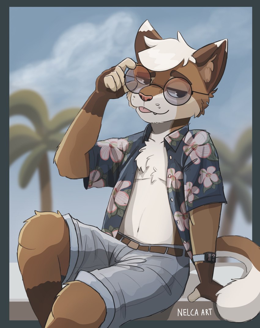 aloha_shirt anthro beach blep body_hair bottomwear chest_hair clock clothed clothing cute_fangs eyewear fangs gesture glasses gradient_background hair male open_clothing open_shirt open_topwear palm_tree pattern_clothing pattern_shirt pattern_topwear plant shirt shorts simple_background sitting sky solo suggestive suggestive_gesture sunglasses tail teeth tongue tongue_out topwear tree watch nelcaart apple_inc. apple_watch nelca domestic_cat felid feline felis hybrid mammal absurd_res digital_media_(artwork) hi_res