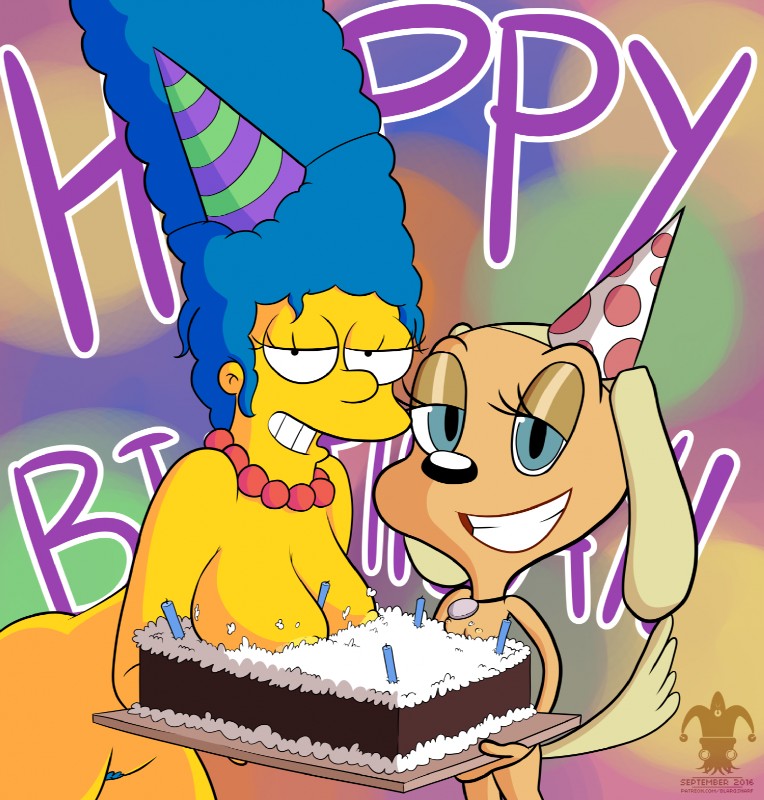 anthro birthday blue_eyes blue_hair breasts cake cake_sitting clothing dessert duo female food food_fetish food_play hair hat headgear headwear jewelry messy necklace nude pubes squish yellow_body yellow_skin blargsnarf brandy_and_mr._whiskers disney the_simpsons brandy_harrington marge_simpson canid canine canis domestic_dog human mammal 2016 hi_res