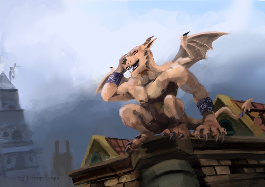 crouching fantasy fog high_place horn looking_down male rooftop town loque gargoyle