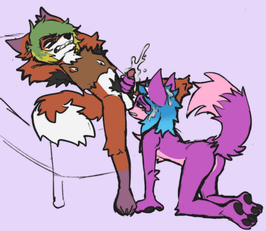 all_fours anthro armpit_hair ball_sniffing balls big_ears blue_hair bodily_fluids body_hair cum cum_in_hair cum_on_face duo fur genital_fluids genitals green_eyes hair handjob lying male male/male musk on_back penile pink_body pink_fur pink_perineum pubes purple_body purple_fur sex simple_background smelly sniffing sweat sweaty_body sweaty_genitalia thick_thighs wide_hips badjabubby captainstanky litho_sandoval canid canine fennec_fox fox mammal true_fox hi_res