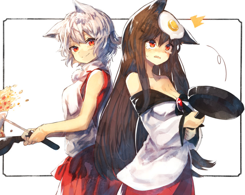 blush bodily_fluids breasts brown_hair cooking duo egg female hair long_hair looking_at_viewer looking_up open_mouth pan red_eyes short_hair simple_background smile surprise tears white_background white_hair kasuka_(kusuki) touhou kagerou_imaizumi momiji_inubashiri animal_humanoid canid canid_humanoid humanoid mammal mammal_humanoid 2016