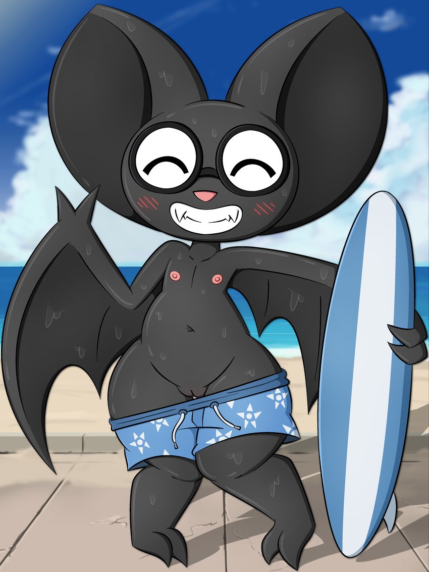 anthro big_ears black_body black_fur blue_clothing blue_swimming_trunks blue_swimwear blush blush_lines clothed clothing cloud collarbone day detailed_background drawstring exhibitionism eyes_closed eyewear fangs female flat_chested front_view fur genitals gesture glasses grin hand_gesture holding_object holding_surfboard membrane_(anatomy) membranous_wings mostly_nude_anthro mostly_nude_female navel nipples nude outdoor_nudity outside pink_nipples pink_nose pose pussy round_glasses seaside sidewalk sky smile solo standing surfboard swimming_trunks swimming_trunks_down swimwear teeth thick_thighs topless topless_anthro topless_female v_sign wardrobe_malfunction water wet wet_body wet_fur wide_hips wings zinzoa male_swimwear_challenge mabel_(zinzoa) bat mammal 2024 3:4 absurd_res hi_res