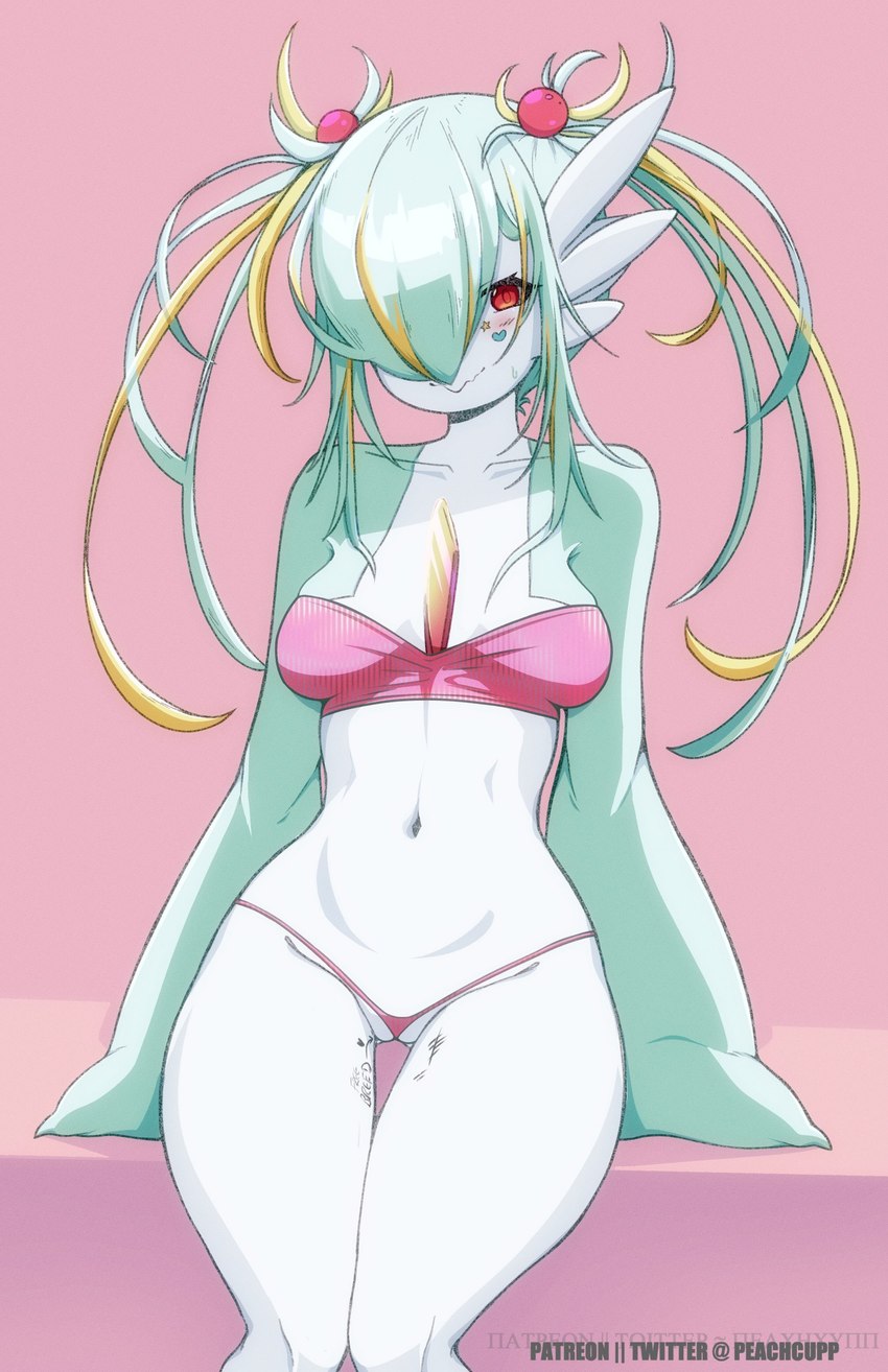 accessory belly blonde_hair blush blush_lines breasts chest_spike clothed clothing facial_stickers female front_view green_hair hair hair_accessory multicolored_hair navel not_furry pink_clothing red_eyes simple_background small_breasts solo spikes spikes_(anatomy) squiggle_mouth thick_thighs twintails_(hairstyle) underwear white_body white_skin wide_hips peachcupp nintendo pokemon cecilia_(peachcupp) gardevoir generation_3_pokemon humanoid pokemon_(species) absurd_res hi_res