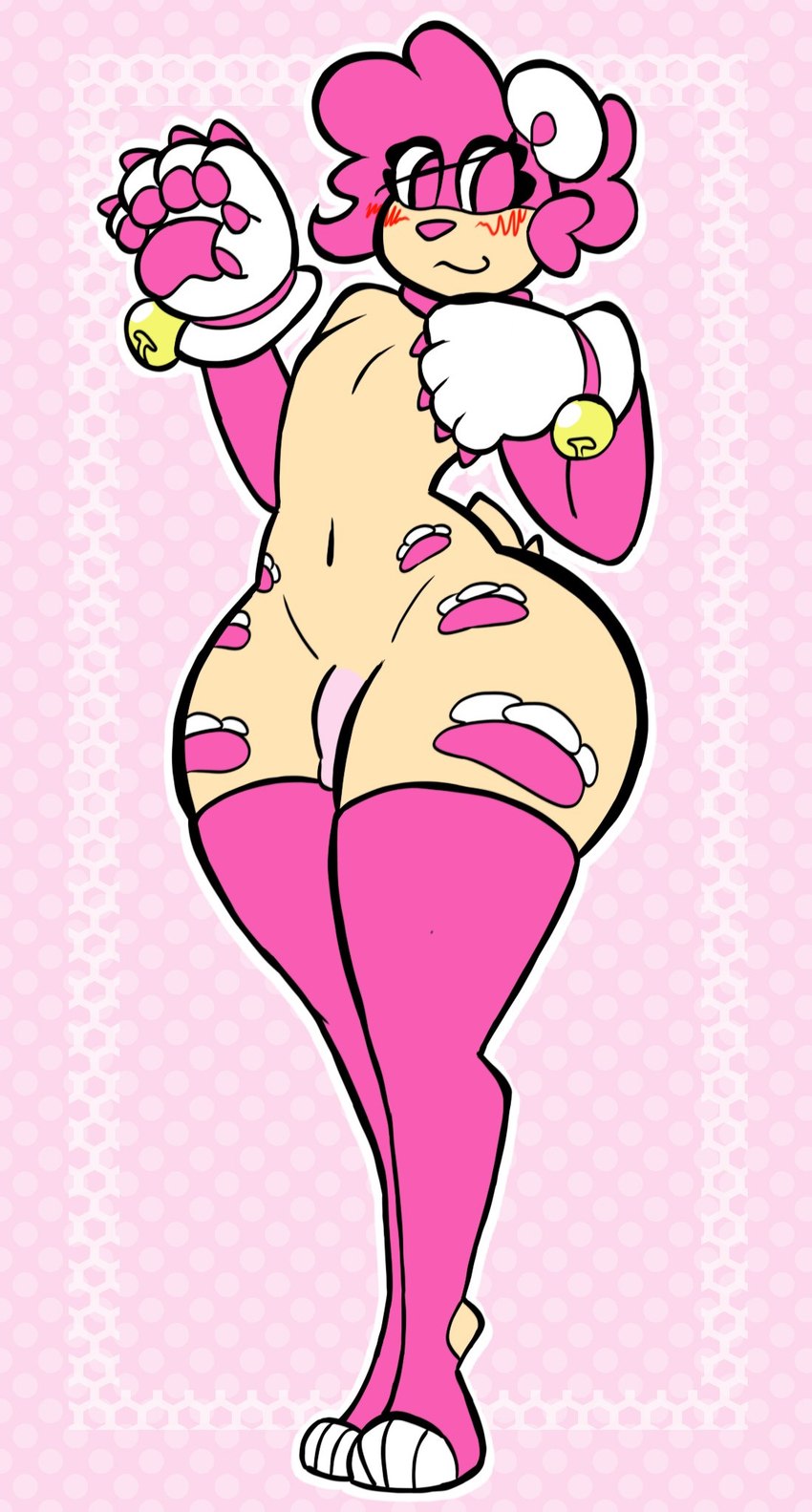 anthro armwear bell blush cat_gloves claws clothing collar elbow_gloves femboy flaccid footprint fur genitals gloves hair handwear legwear looking_at_viewer male markings pawpads pawprint pawprint_(marking) penis pink_eyes pink_hair simple_background smile solo standing thick_thighs thigh_highs wide_hips yellow_body yellow_fur cremacat crema_(cremacat) felid mammal digital_drawing_(artwork) digital_media_(artwork) flat_colors hi_res trans_(lore) trans_woman_(lore)