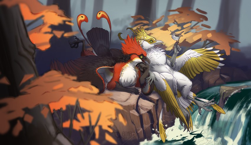 anthro autumn beak black_body black_claws black_feathers black_nails chest_tuft claws colored_nails creek duo feather_tuft feathered_crest feathers feet female feral flat_chested forest green_eyes hand_on_chin head_crest leaning leaning_backward lying nails nude on_front plant red_body red_feathers river rock smile talon_hands talons toes tree tuft white_body white_feathers yellow_body yellow_feathers bombird european_mythology greek_mythology mythology avian bird mythological_avian mythological_bird mythological_creature mythological_firebird phoenix 2021 hi_res