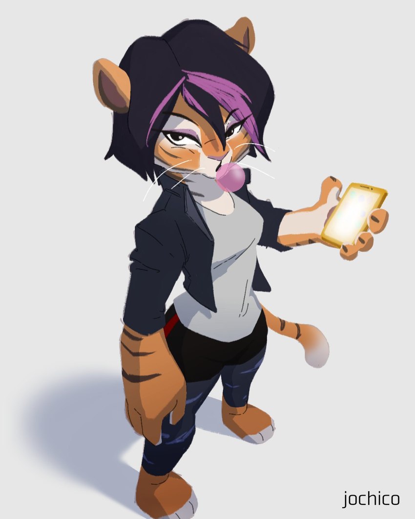 anthro cellphone clothed clothing electronics female hair phone smartphone solo jochico big_hero_6 disney dreamworks kung_fu_panda gogo_tomago master_tigress felid mammal pantherine tiger 4:5 crossover hi_res