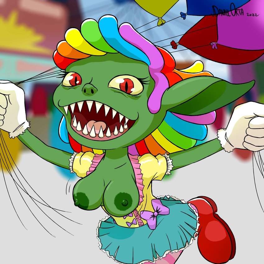 balloon clothed clothing clown dual_holding female hair holding_balloon holding_object inflatable looking_at_viewer multicolored_hair sharp_teeth solo teeth topless jdanieloart chispa_(jdanieloart) goblin humanoid 1:1 hi_res