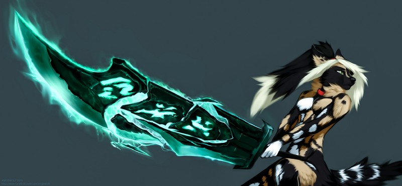 anthro black_nose collar female fur green_eyes hair melee_weapon nude simple_background solo sword weapon angiewolf league_of_legends riot_games tencent shiretsuna_(character) african_wild_dog canid canine mammal 2015 digital_media_(artwork) shaded