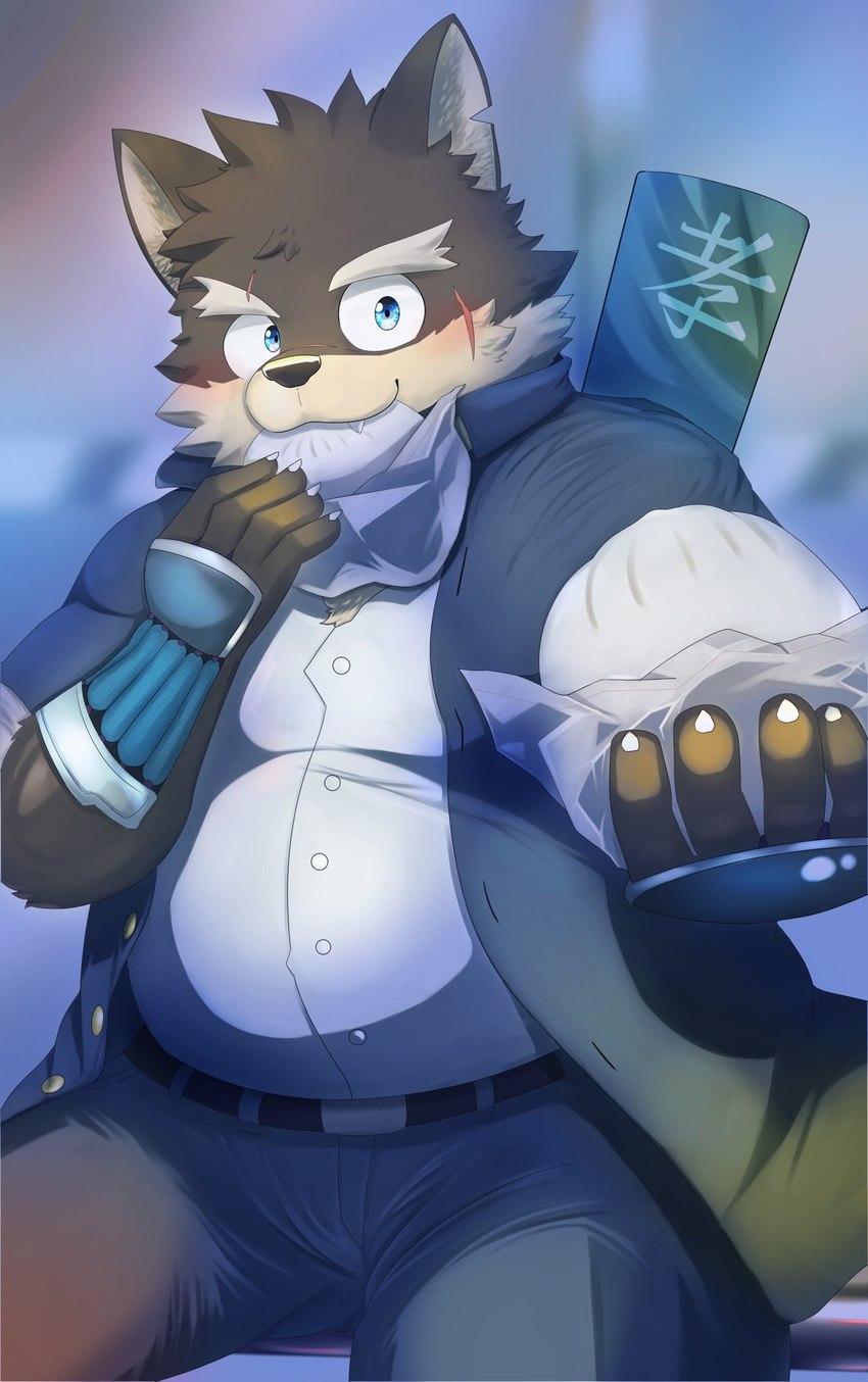 anthro belly blue_eyes blush clothing eating food male meat_bun offering_food overweight overweight_male scar school_uniform solo uniform kt0414143919 lifewonders tokyo_afterschool_summoners moritaka_(tas) canid canine canis domestic_dog mammal hi_res