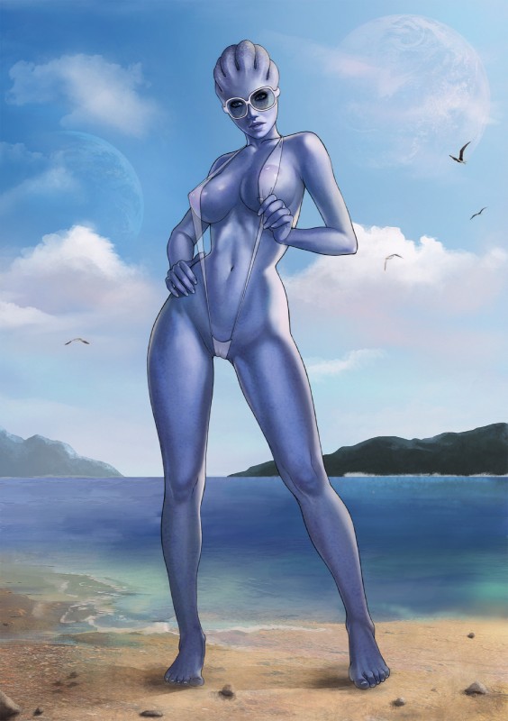 beach bikini blue_body blue_eyes blue_nipples blue_skin breasts clothed clothing cloud detailed_ambient_creature detailed_background eyewear female freckles group ineffective_clothing lips nipples not_furry one-piece_swimsuit outside sand seaside skimpy sky sling_bikini solo_focus sunglasses swimwear two-piece_swimsuit water bloocarrot bioware electronic_arts mass_effect liara_t'soni alien alien_humanoid ambient_bird ambient_flier asari avian bird humanoid 2011 hi_res