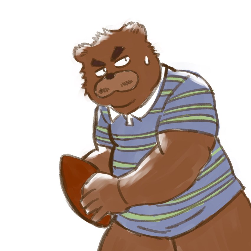 anthro ball bodily_fluids brown_body clothing humanoid_hands kemono male rugby rugby_ball rugby_uniform shirt simple_background slightly_chubby solo sweat topwear ch_ia_ki kumalino sanrio roast_(kumalino) bear mammal 1:1 2022 hi_res