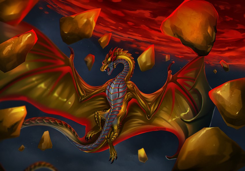 angry dark_clouds enraged fantasy feral gold_(metal) golden_body magic male markings metallic_body metallic_wings meteor red_magic red_markings solo spiral trioza european_mythology mythology fleisher_(roifantome) roifantome dragon metallic_dragon_(dnd) mythological_creature mythological_scalie scalie western_dragon wyvern hi_res