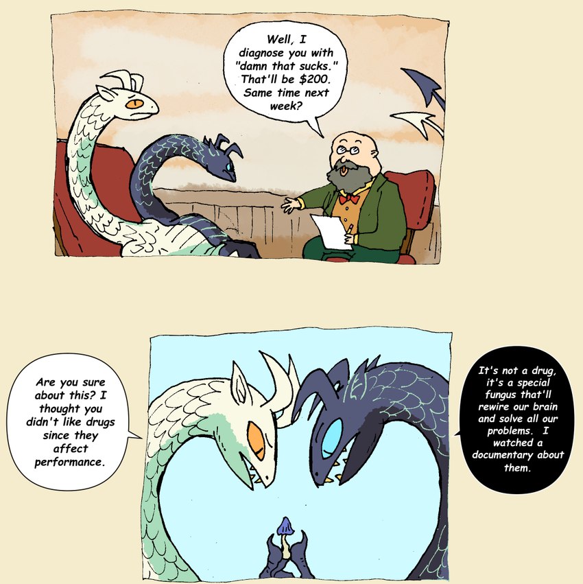 blue_body blue_scales drugs feral fungus male mushroom scales solo text therapy white_body white_scales bedupolker mythology limerence_(bedupolker) lust_(bedupolker) dragon human mammal mythological_creature mythological_scalie scalie comic digital_media_(artwork) english_text