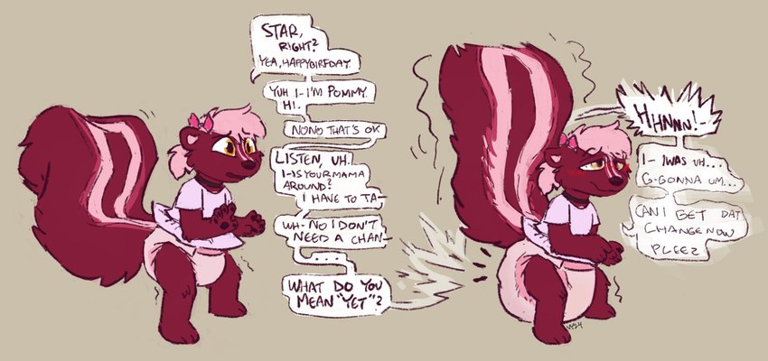 anthro baby_talk big_diaper big_tail blush bottomwear bow_ribbon clothed clothing crossdressing dialogue diaper diaper_under_skirt feces fluffy fluffy_tail full_diaper fur hair mental_regression offscreen_character pink_body pink_fur pink_hair ponytail pooping raised_tail skirt skunk_tail smile soiled_diaper soiling soiling_diaper solo solo_in_panel speech_bubble stuttering tail talking_to_another text unclean_diaper used_diaper wearing_diaper yellow_eyes young young_anthro vanillayote pommy_(vanillayote) mammal mephitid skunk 2024 english_text hi_res