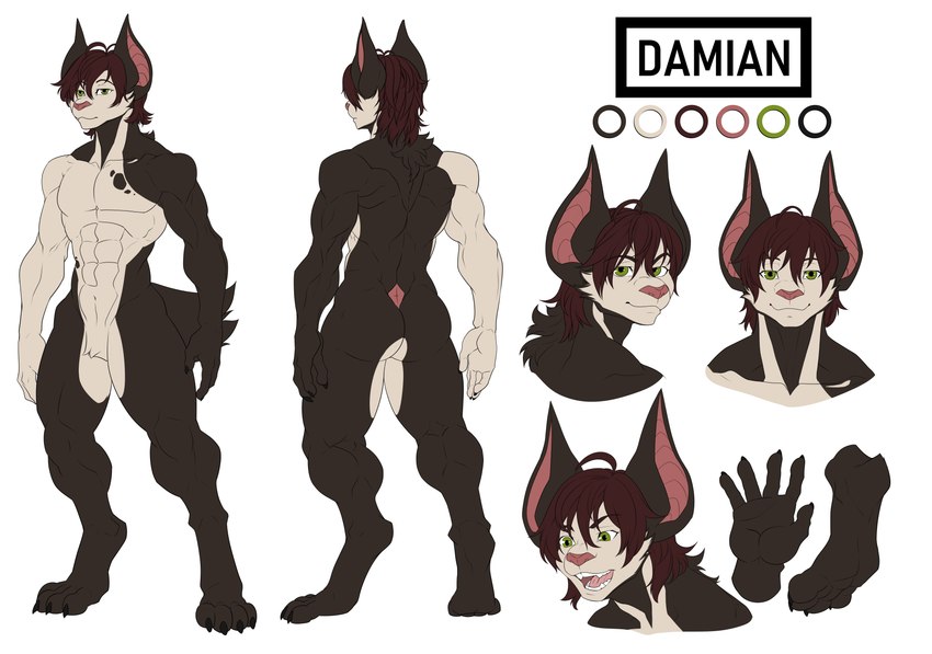 anthro asymmetrical_coloring black_body black_fur feet fluffy fluffy_tail fur green_eyes hair male pink_nose red_hair solo tail tan_body tan_fur fycroh liltaiga4 danglebat damian_(danglebat) bat mammal absurd_res digital_media_(artwork) hi_res model_sheet