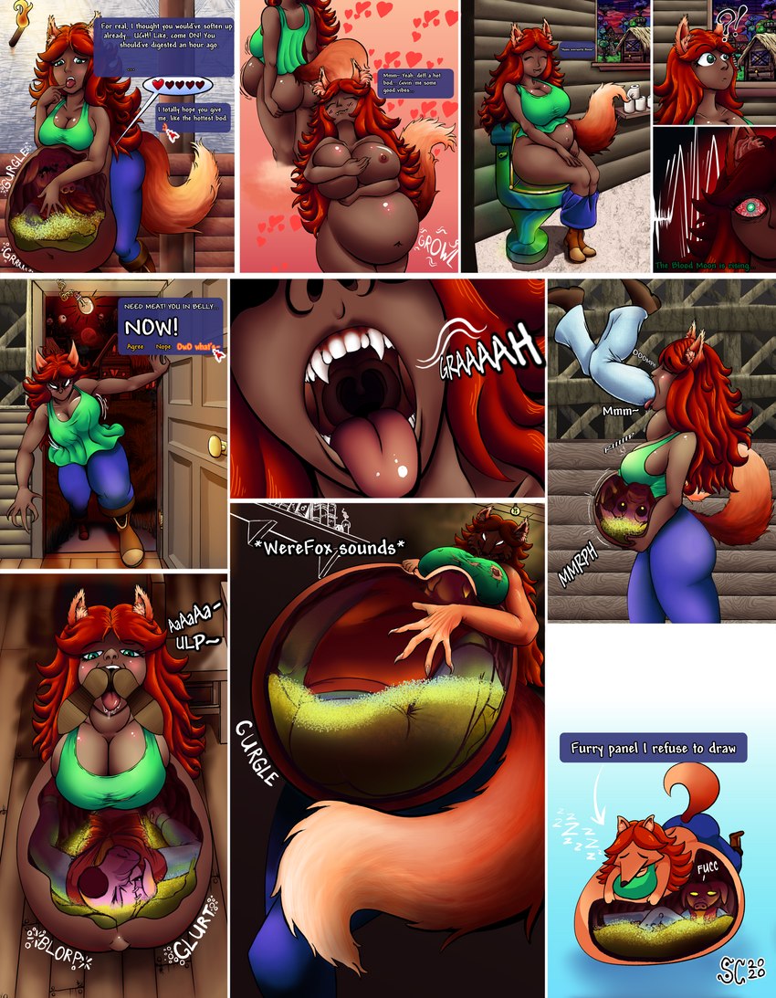 abdominal_bulge after_vore anthro anthro_pred areola belly big_belly big_breasts big_butt biped bloodshot_eyes blorp blue_bottomwear blue_clothing blue_pants blush bodily_fluids bodily_noises book boots bottomwear breasts brown_belly brown_body brown_boots brown_breasts brown_butt brown_clothing brown_footwear brown_skin building butt candle claws clothed clothing death dialogue different_sound_effects digestion disposal door doorknob duo emoticon extended_sound_effect eyes_closed fangs fatal_vore female female_pred fire floor floorboards footwear forced fully_clothed fur gaping_mouth gender_symbol glistening glistening_belly glistening_body glistening_breasts glistening_eyes glistening_skin glistening_tongue green_clothing green_eyes green_shirt green_topwear hair hand_on_belly heart_symbol house implied_scat inner_ear_fluff inside internal interrobang light_bulb lit_candle long_hair lying male male/female male_symbol moon mouth_shot multi-word_onomatopoeia navel nipples on_front on_toilet onomatopoeia open_mouth oral_vore overweight overweight_anthro overweight_female overweight_humanoid owo pants partially_submerged pink_blush pink_body pink_ears pink_skin pink_tongue plant profanity question_mark red_body red_ears red_fur red_hair red_inner_ear red_inner_ear_fluff red_tail rumbling_stomach saliva saliva_on_tongue shadow shelf shirt shoes signal_line sleeping smile sound_effect_variant sound_effects stairs stomach_acid symbol tail teeth text thick_thighs toilet toilet_paper tongue tongue_out topwear torch torn_clothing torn_shirt torn_topwear tree tuft uvula vore vowelless vowelless_sound_effect vowelless_vocalization wall_(structure) weight_gain wide_hips yellow_eyes zzz spaghetticultists terraria zoologist_(terraria) animal_humanoid canid canid_humanoid canine canine_humanoid fox fox_humanoid humanoid mammal mammal_humanoid werecanid werecanine werecreature werefox 2020 absurd_res comic dated digital_media_(artwork) english_text hi_res signature