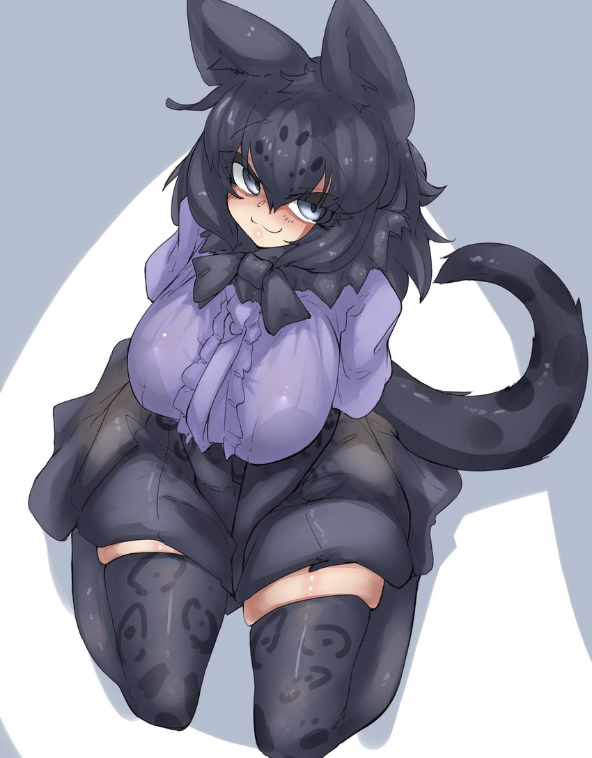 :3 big_breasts black_hair black_tail bottomwear bow_tie breasts clothed clothing female grey_eyes hair high-angle_view highlights_(coloring) legwear markings pattern_clothing pattern_legwear sitting skirt solo spots spotted_clothing spotted_legwear spotted_markings spotted_tail tail tail_markings thigh_highs urisaba kemono_friends black_jaguar_(kemono_friends) animal_humanoid felid felid_humanoid humanoid jaguar_humanoid mammal mammal_humanoid pantherine pantherine_humanoid absurd_res hi_res