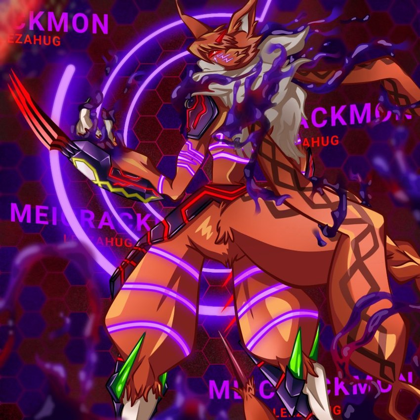 anthro armor armored_boots aura claw_(weapon) clawed_vambrace cross_pupils female fur glowing glowing_markings looking_at_viewer looking_back markings melee_weapon orange_body orange_fur pose purple_glow purple_markings red_eyes solo vambrace weapon hug_lee_(huggy) bandai_namco digimon digimon_(species) felid feline mammal meicrackmon meicrackmon_vicious_mode 1:1 digital_drawing_(artwork) digital_media_(artwork)