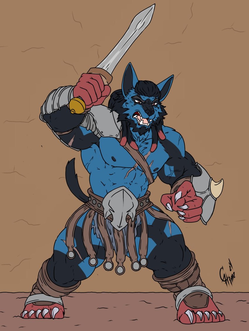 abs anthro armor black_hair blue_body blue_fur claws dreadlocks facial_scar fur gladiator hair male melee_weapon muscular muscular_anthro muscular_male pecs red_eyes scar scars_all_over shield solo sword tail warrior weapon hunterramirez nintendo pokemon generation_4_pokemon lucario pokemon_(species) hi_res