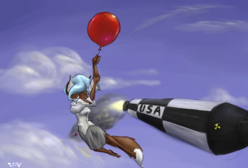 anthro balloon balloon_support barefoot biped blue_hair blue_sky cloud dipstick_tail feet female flying fur hair hanging_from_balloon hazard_symbol hazard_symbol_print holding_balloon holding_object inflatable inflatable_support markings missile multicolored_tail nuclear nuclear_missile outside print_weapon radiation_symbol radiation_symbol_print red_body red_fur rocket sky skyscape smoke solo symbol tail tail_markings text text_on_weapon text_print united_states_of_america weapon uniformvixen canid canine fox mammal 2006 english_text