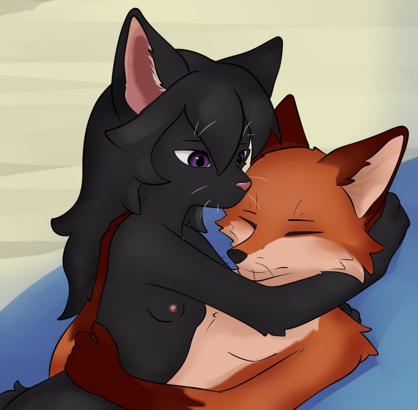 anthro breasts duo female hug male male/female nipples small_breasts cdt2s snowflake_(cdt2s) canid canine domestic_cat felid feline felis fox mammal red_fox true_fox