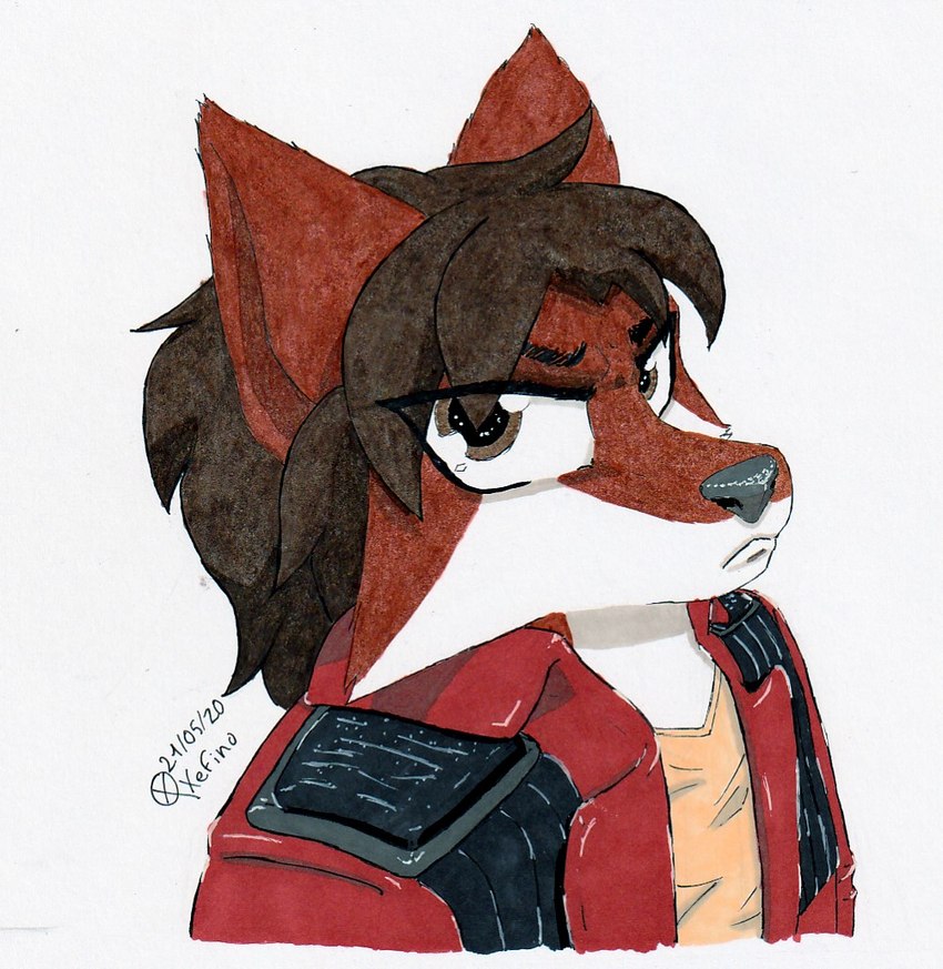 anthro brown_eyes brown_hair clothing fur hair jacket leather leather_clothing male red_body red_clothing red_fur serious_face solo topwear white_body white_fur xefino the_adventure_of_xefino adrien_warmher canid canine canis fox hybrid mammal wolf traditional_media_(artwork)