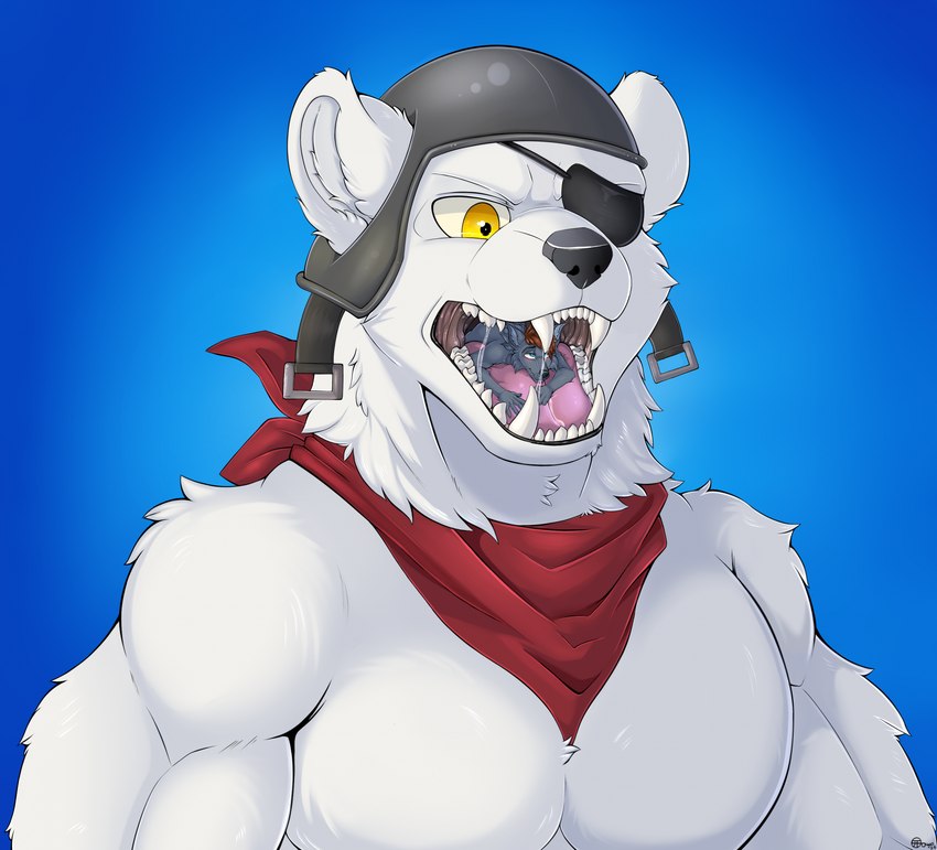 anthro armor bodily_fluids drooling duo eye_patch eyewear fangs fur hair headgear helmet male mostly_nude open_mouth saliva saliva_on_tongue saliva_string scarf size_difference soft_vore teeth vore white_body white_fur jimfoxx epic_games fortnite fan_character polar_patroller bear canid canine canis mammal polar_bear ursine wolf 2024 half-length_portrait hi_res portrait signature