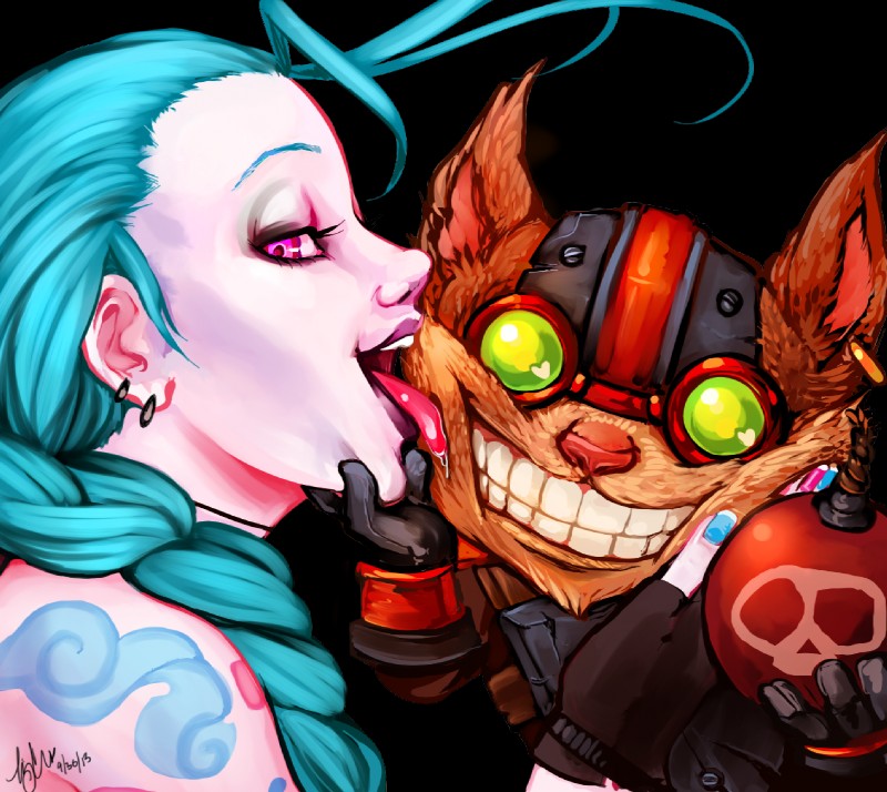 anthro bodily_fluids bomb duo explosives face_lick female grin half-closed_eyes heart_symbol licking looking_at_viewer male narrowed_eyes pale_skin pink_eyes saliva simple_background smile suggestive tattoo tongue tongue_out transparent_background momo-deary league_of_legends riot_games tencent jinx_(lol) ziggs_(lol) human mammal yordle 2013 alpha_channel