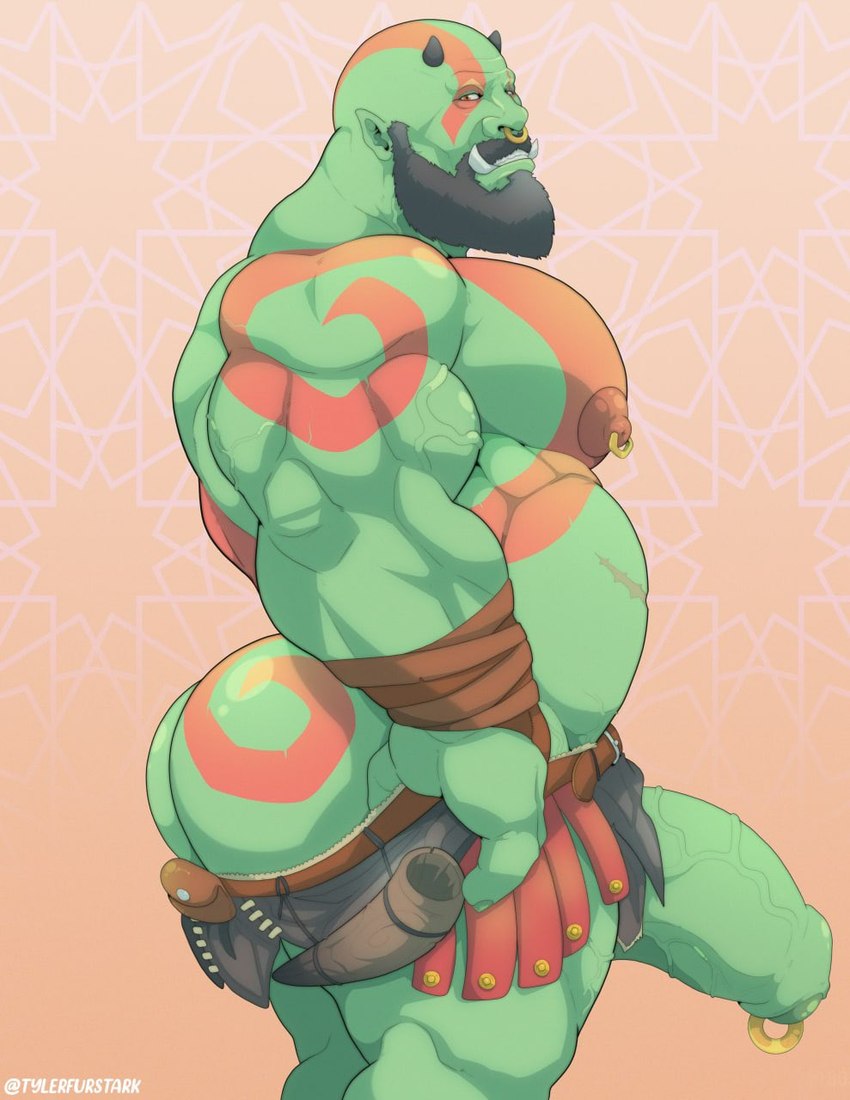 abstract_background alternate_species arm_wraps armor bald barazoku beard belly belt biceps big_butt big_muscles big_nipples big_pecs big_penis bottomwear bottomwear_down bubble_butt butt clothed clothing deltoids erection facial_hair facial_piercing foreskin genital_piercing genitals green_body green_skin horn huge_butt huge_muscles huge_penis huge_thighs humanoid_genitalia humanoid_penis humanoid_pointy_ears loincloth loincloth_down looking_at_viewer male musclegut muscular muscular_humanoid muscular_male nipple_piercing nipple_ring nipples nose_piercing nose_ring not_furry pecs penis penis_piercing piercing pink_background pointy_ears pouch_(clothing) prince_albert_piercing ring_piercing scar side_view simple_background smile solo standing tassets tattoo teeth thick_penis thick_thighs topless topless_humanoid topless_male triceps tusks unconvincing_armor vein wraps tylerstark god_of_war sony_corporation sony_interactive_entertainment kratos humanoid mammal orc 2022 hi_res