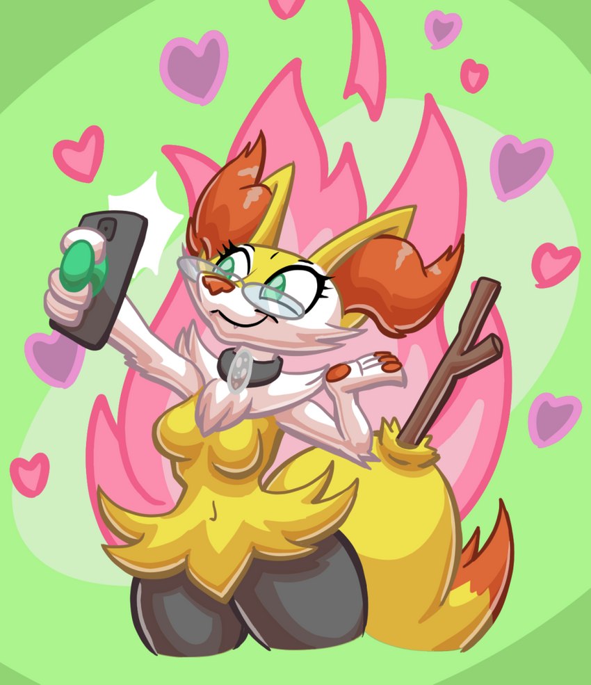 anthro breasts collar dipstick_tail eyewear fangs female fur glasses green_eyes heart_symbol inner_ear_fluff markings navel neck_tuft pawpads red_nose solo stick stick_in_tail tail tail_markings teeth tuft yellow_body yellow_fur tempestryder nintendo pokemon kea_brenner braixen generation_6_pokemon pokemon_(species)