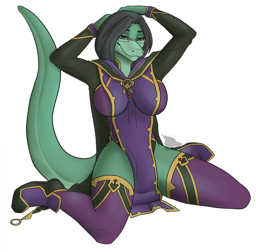 anthro black_hair blue_eyes breasts clothed clothing eyewear female glasses green_body hair kneeling legwear non-mammal_breasts purple_clothing purple_legwear purple_stockings simple_background solo spread_legs spreading stockings tail white_background ryniablackfoxinesory ardenliste juliet_a lizard reptile scalie 2017 hi_res