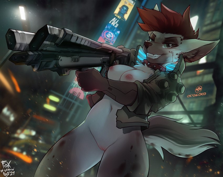 anthro areola big_breasts bottomless breasts brown_hair city cleavage clothed clothing collar curvy_figure cyberpunk exposed_breasts female fluffy fluffy_tail front_view fur genitals gloves green_clothing green_eyes green_jacket green_topwear grey_body grey_fur grey_tail gun hair handwear holding_object holding_ranged_weapon holding_weapon innie_pussy jacket markings mostly_nude navel nipples outside partially_clothed pink_nipples pussy ranged_weapon red_collar red_hair science_fiction smile smirk snout solo spiked_collar spikes spots spotted_body spotted_fur spotted_markings standing tail teeth topwear weapon wishbone_mouth foxinshadow arasaka cd_projekt_red cyberpunk_2077 yakeera_(hoofen) hyena mammal spotted_hyena 2021 digital_media_(artwork) shaded signature