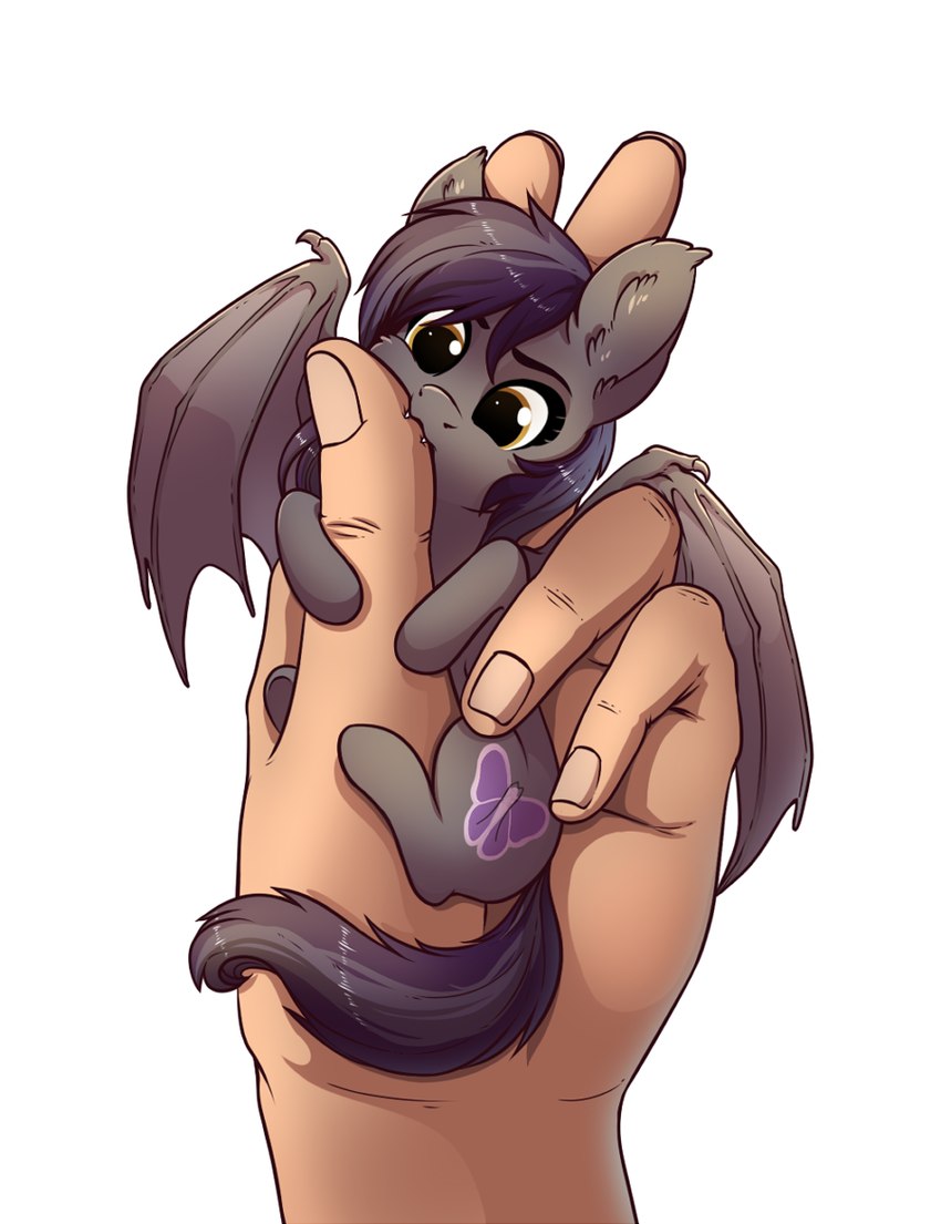 bite biting_thumb brown_eyes cutie_mark duo fangs female feral fur grey_body grey_fur grey_hair grey_tail hair humanoid_hands membrane_(anatomy) membranous_wings micro simple_background tail teeth white_background wings 28gooddays hasbro my_little_pony bat_pony equid mammal