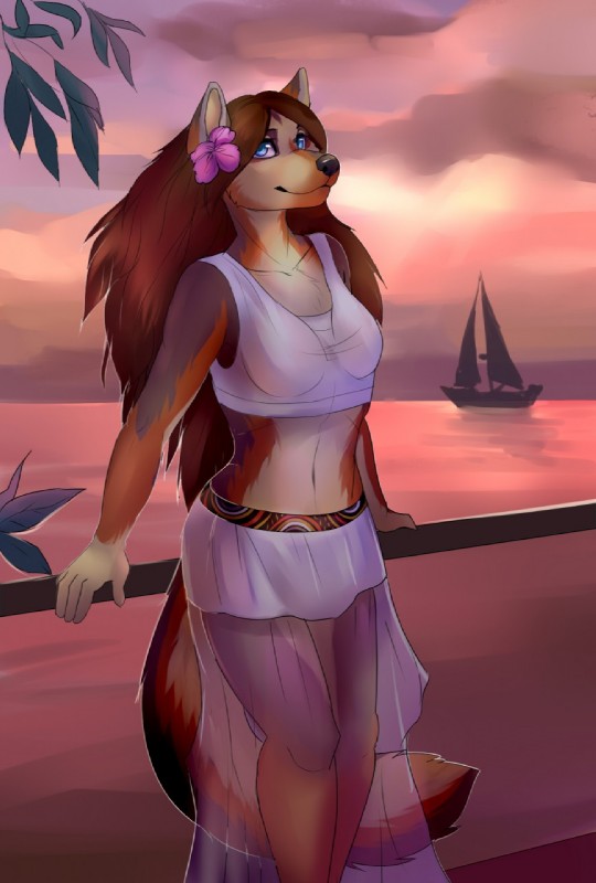 anthro clothed clothing female looking_at_viewer outside smile solo standing vehicle watercraft yacht felicia_cat freyna freyna_(thestrangerr) canid canine canis mammal wolf hi_res