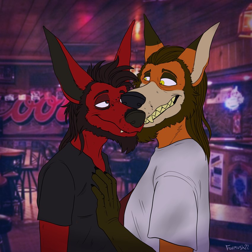 anthro beard bedroom_eyes clothing duo facial_hair hand_on_chest male male/male narrowed_eyes photo_background redneck seductive toothy_grin foxmusk nico_(foxmusk) swamp_(character) canid canine canis fox mammal 1:1 photography_(artwork)