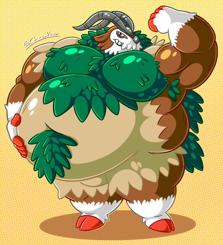 anthro armpit_hair belly big_belly big_biceps big_horn biped black_horn black_nose body_hair brown_body brown_ears daddyfication dotted_background featureless_crotch flexing flexing_bicep green_armpit_hair green_moobs hand_on_belly hand_on_own_belly hooves horn leaf leaf_armpit_hair leaf_hair leaf_in_navel leaf_moobs looking_at_viewer male moobs multicolored_body muscular muscular_arms obese obese_anthro obese_male overweight overweight_anthro overweight_male pattern_background plant plant_hair pseudo_hair red_eyes red_fingers red_hooves shadow simple_background smile smiling_at_viewer solo standing tan_body two_tone_body white_hands white_legs yellow_background chocowerehound nintendo pokemon bovid caprine generation_6_pokemon gogoat mammal pokemon_(species) 2022 absurd_res artist_name hi_res signature