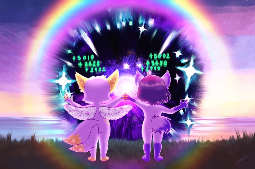 2_tails 5_fingers anthro butt circle clothing curtains curvy_figure dipstick_tail dress duo feathered_wings feathers feet female fingers fluffy fluffy_tail fur galaxy gameplay_mechanics grass green_text hair hand_holding healing healing_magic healing_numbers magic markings multi_tail nebula newborn_stars nude number orange_ears orange_feet plant portal purple_body purple_ears purple_feet purple_fur purple_hair purple_star rainbow rear_view seaside slightly_chubby space sparkles spread_wings star star_(marking) tail tail_markings text water white_wings wings otorigin cassiopeia_zephyrine janus_zephyrine badger canid canine exadian fox mammal mustelid musteline space_badger 2023 absurd_res hi_res herm_(lore)