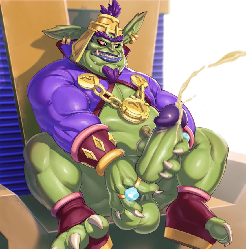 balls belly big_penis bodily_fluids claws clothing cum facial_hair feet footwear genital_fluids genitals goatee green_body green_penis green_skin jewelry male masturbation overweight overweight_male penis robe shoes solo toes fishingmanmax activision crash_bandicoot_(series) crash_nitro_kart emperor_velo_xxvii alien alien_humanoid goblin humanoid hi_res