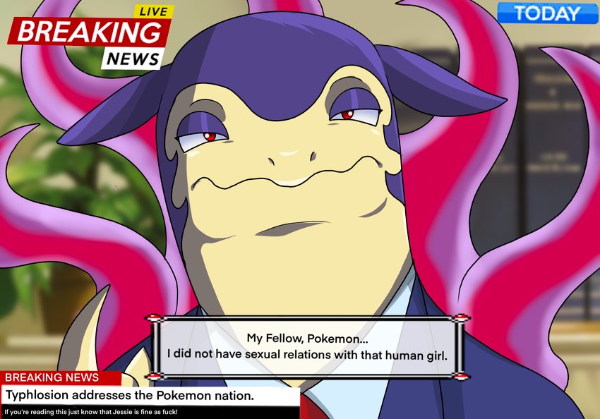 blurred_background clothed clothing feral fire flaming_hair flaming_mane fur looking_at_viewer male necktie news news_report pseudo_hair pseudo_mane purple_body purple_fur solo suit tan_body tan_fur text text_box ninja-8004 2024_pokemon_gigaleak nintendo pokemon bill_clinton generation_8_pokemon hisuian_form hisuian_typhlosion mammal mustelid pokemon_(species) regional_form_(pokemon) english_text hi_res