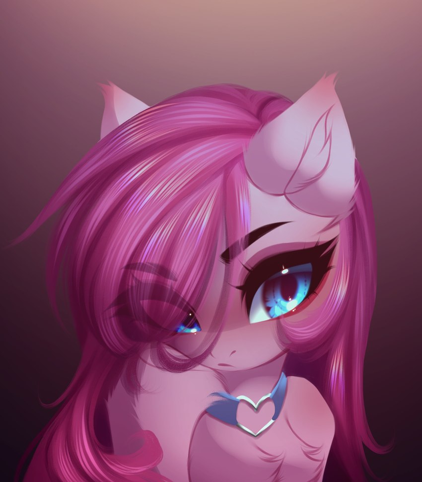 blue_eyes chest_tuft choker eye_through_hair eyebrow_through_hair eyebrows eyelashes eyelashes_through_hair female feral fur gradient_background hair jewelry necklace pink_body pink_fur pink_hair simple_background solo translucent translucent_hair tuft shenki friendship_is_magic hasbro my_little_pony pinkamena_(mlp) pinkie_pie_(mlp) earth_pony equid equine horse mammal pony 2022 absurd_res bust_portrait digital_drawing_(artwork) digital_media_(artwork) hi_res portrait