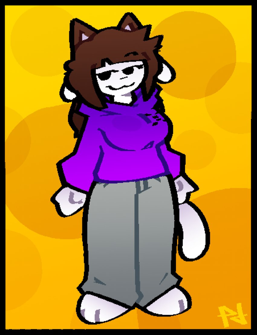 :3 anthro barefoot big_breasts black_border black_eyes black_nose border bottomwear breasts brown_hair closed_smile clothed clothing empty_eyes eyebrow_through_hair eyebrows feet fingers fully_clothed fur geometric_background grey_bottomwear grey_clothing grey_pants hair hoodie long_hair mouth_closed pants print_clothing print_hoodie print_topwear purple_clothing purple_hoodie purple_topwear simple_background smile solo standing tail three-quarter_view toes topwear translucent translucent_hair white_body white_fur yellow_background probablydemo domestic_cat felid feline felis mammal 2023 cel_shading character_request clip_studio_paint_(artwork) digital_media_(artwork) full-length_portrait hi_res portrait shaded signature