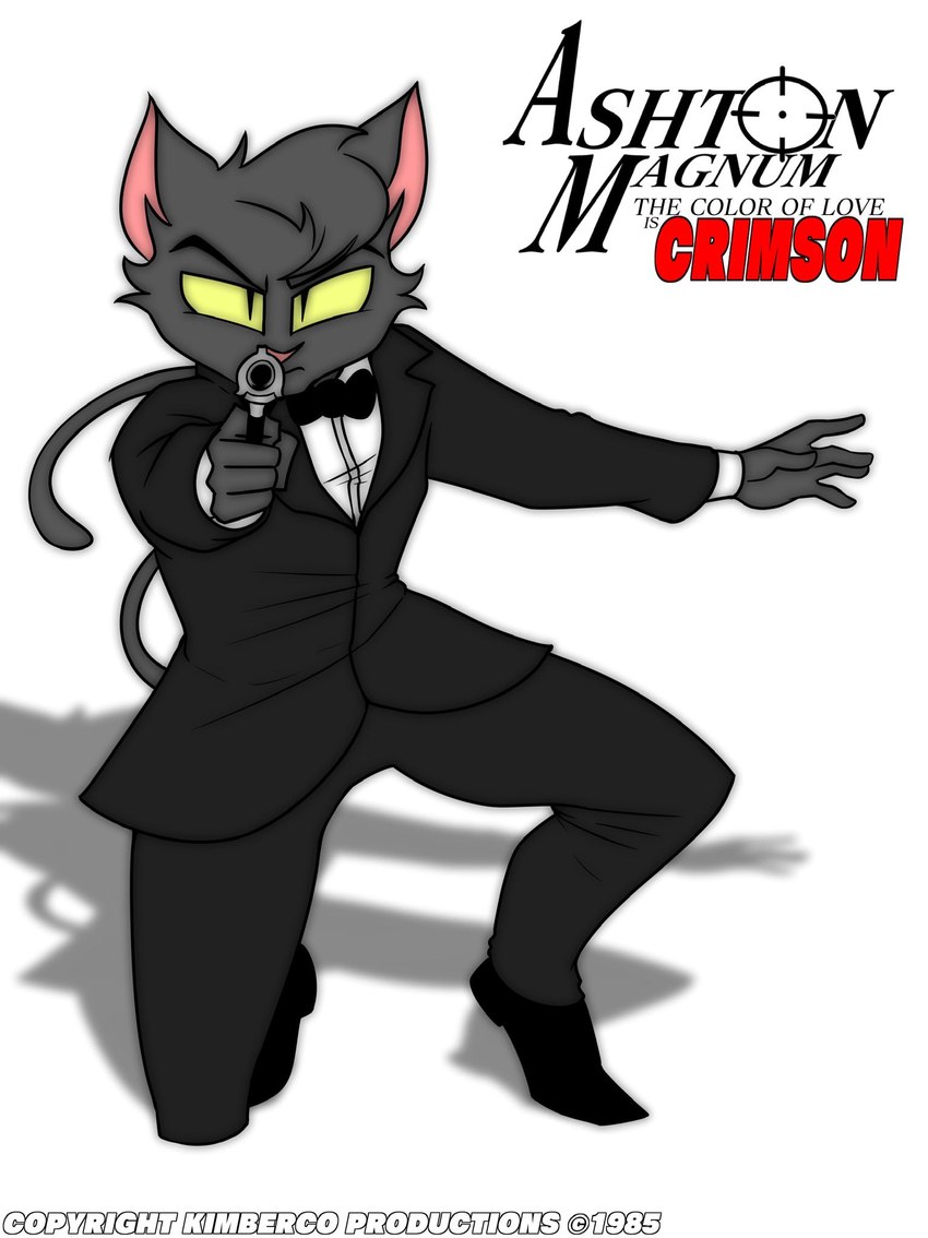 5_fingers anthro biped black_body black_bow_tie black_clothing black_footwear black_fur black_shoes black_tie_(suit) black_tuxedo bow_tie cheek_tuft clothed clothed_anthro clothed_male clothing eyebrows facial_tuft fingers footwear fur fur_tuft green_sclera gun holding_gun holding_object holding_ranged_weapon holding_weapon humanoid_hands kneeling looking_at_viewer male mouth_closed on_one_knee pink_inner_ear pointing_gun_at_viewer pupils ranged_weapon shadow simple_background slit_pupils solo suit tail text tuft weapon white_background kimberco ashton_magnum domestic_cat felid feline felis mammal 2022 artist_name english_text hi_res