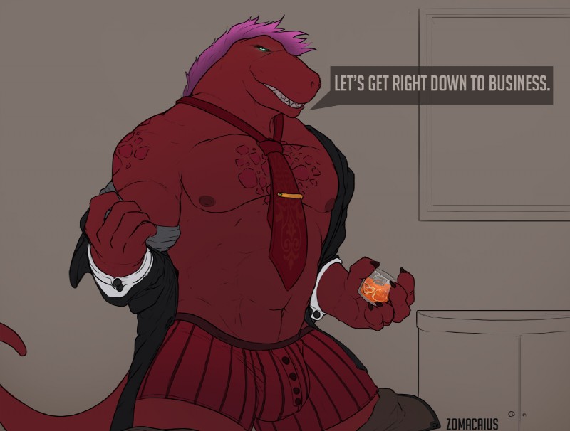 alcohol anthro beverage bottomwear bottomwear_down boxers_(clothing) bulge clothed clothing jacket looking_at_viewer male muscular muscular_anthro muscular_male necktie open_clothing open_jacket open_topwear pants pants_down partially_clothed solo standing text topwear underwear undressing zomacaius zoma dinosaur prehistoric_species reptile scalie theropod tyrannosaurid tyrannosauroid tyrannosaurus tyrannosaurus_rex english_text