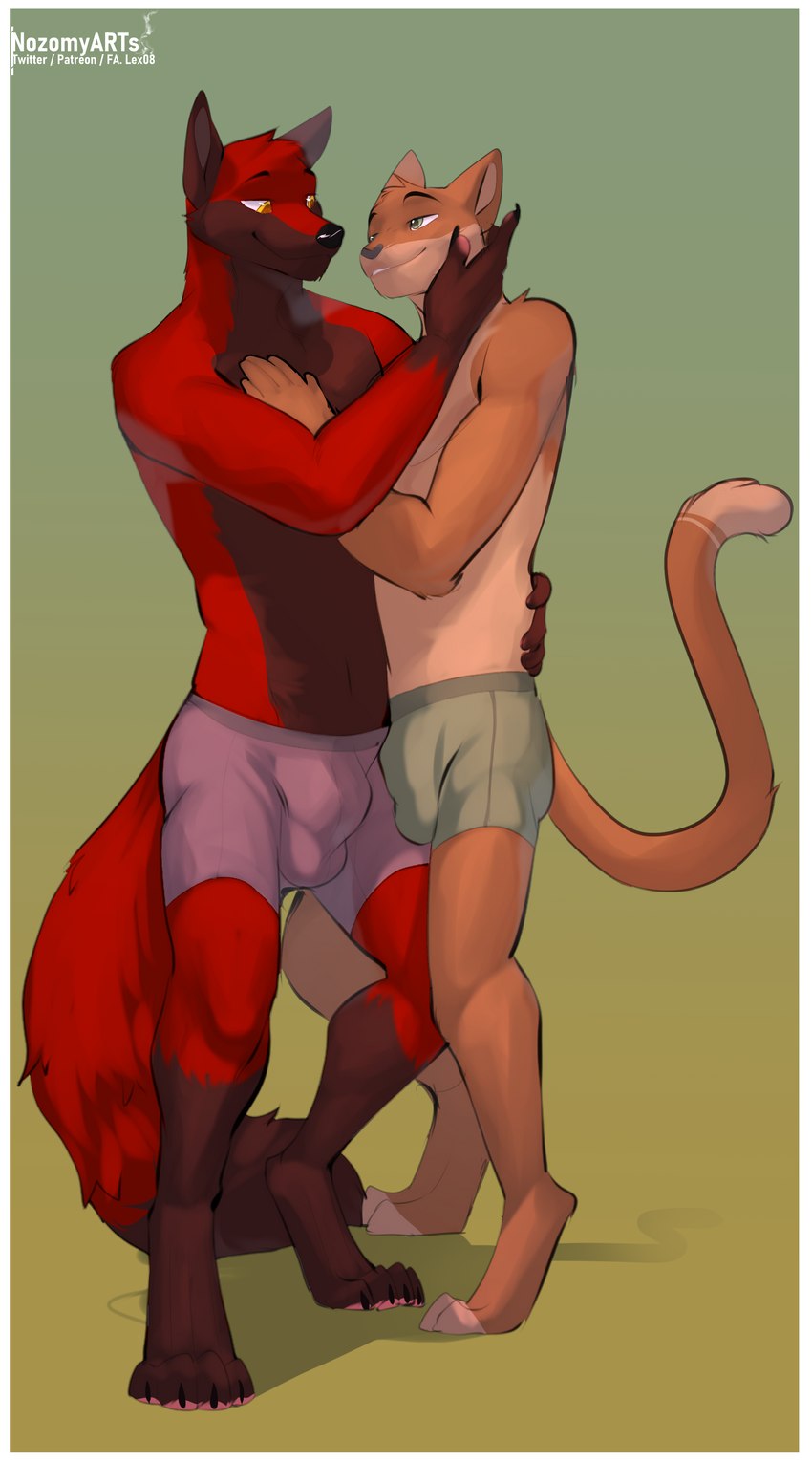 anthro border boxer_briefs bulge clothing detailed_bulge duo eye_contact hand_on_chest holding_face hug looking_at_another male male/male underwear white_border nozomyarts blaze_wolf jesse_cat canid canine canis domestic_cat felid feline felis mammal wolf absurd_res hi_res